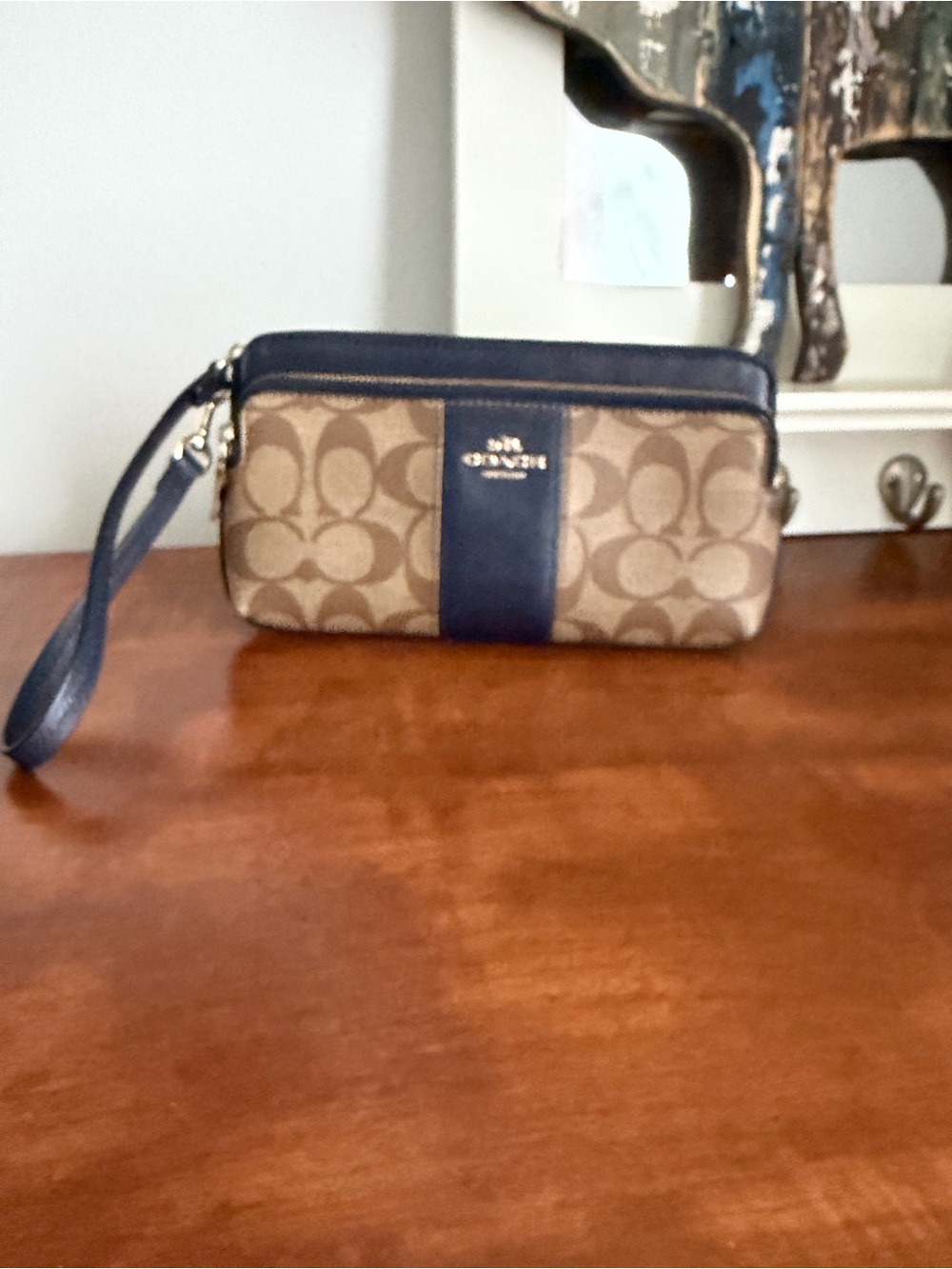 Coach Khaki Signature Canvas Wristlet with Navy Trim
